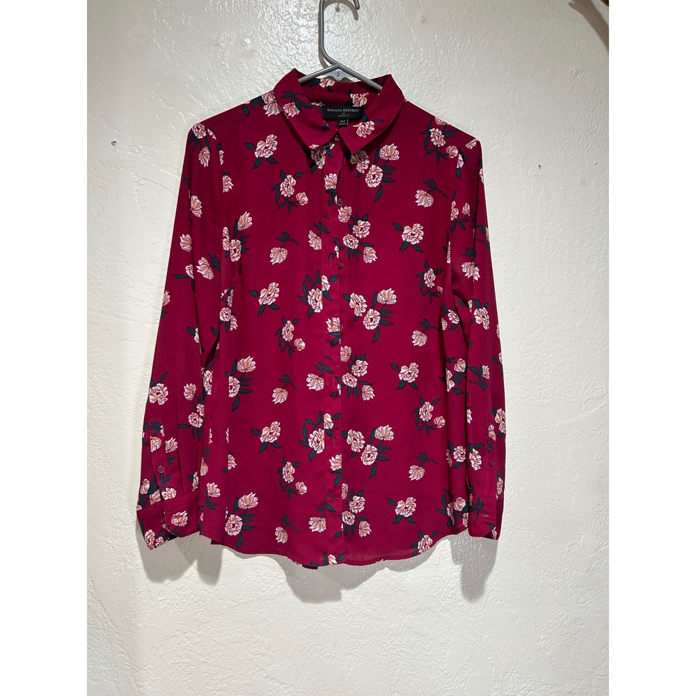 Banana Republic Womens MP Classic Fit Floral Button Up Blouse Berry Red Long Slv